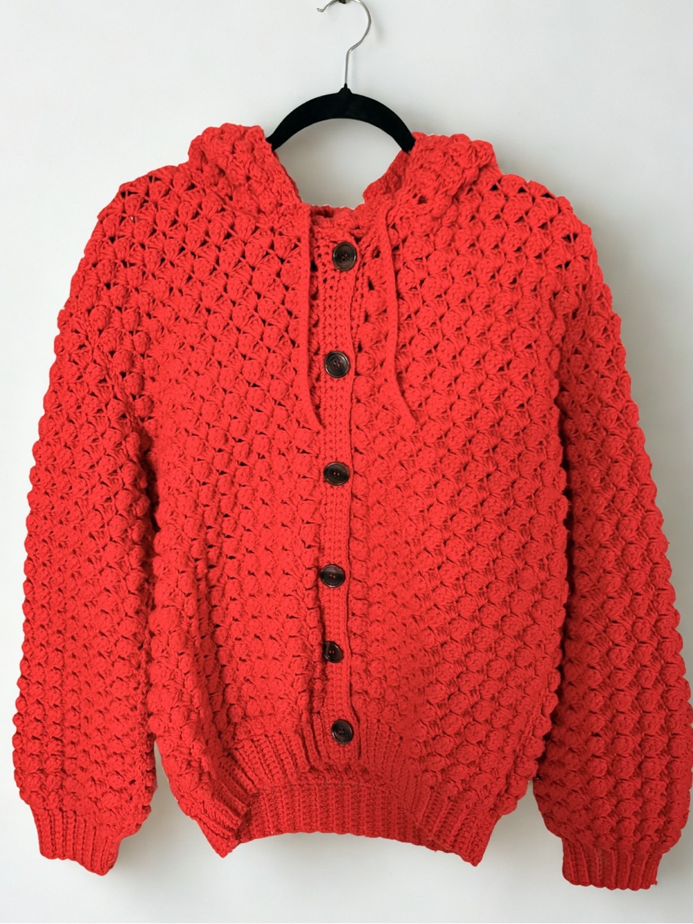 Handcrafted Hand Knitted Chunky Knit Button-Up Hoodie Cardigan Red Sweater L ish